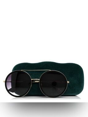 Gucci Men’s Metal Round Frame Sunglasses Black Gold Gradient Lenses Bee Logo
